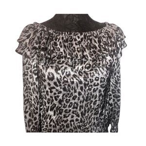 NWT MICHAEL KORS Animal Print Ruffle Off-Shoulder Long Sleeves Shinny Gray B…